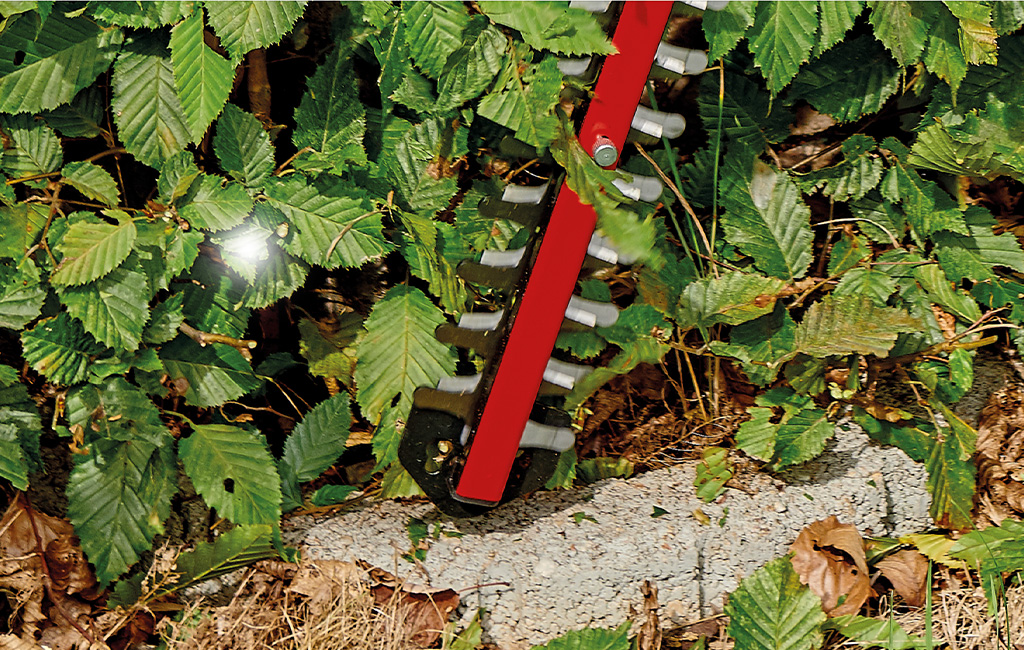 Close-up of the cutting edge of a hedge trimmer