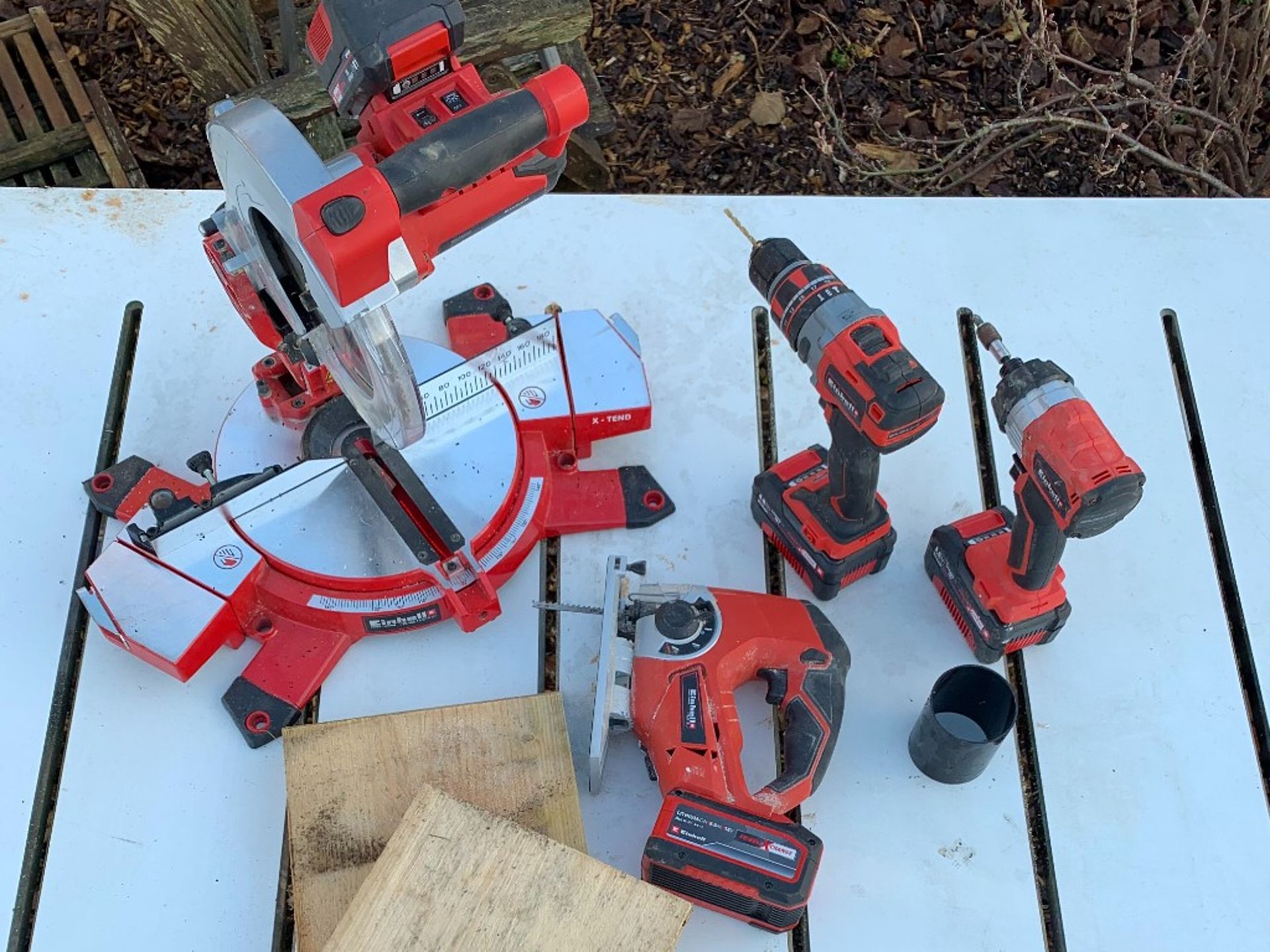 Einhell products & wood pieces that are being used for building the wellierack.