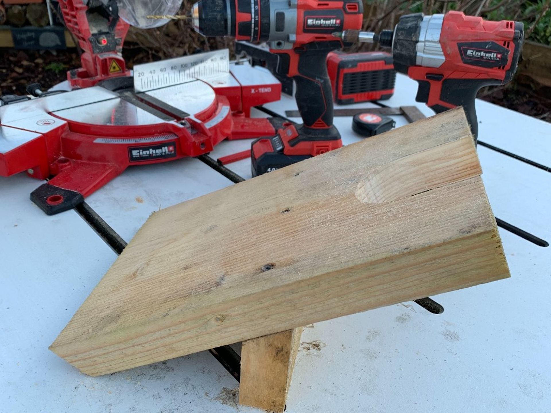 Einhell products & wood pieces that are being used for building the wellierack.