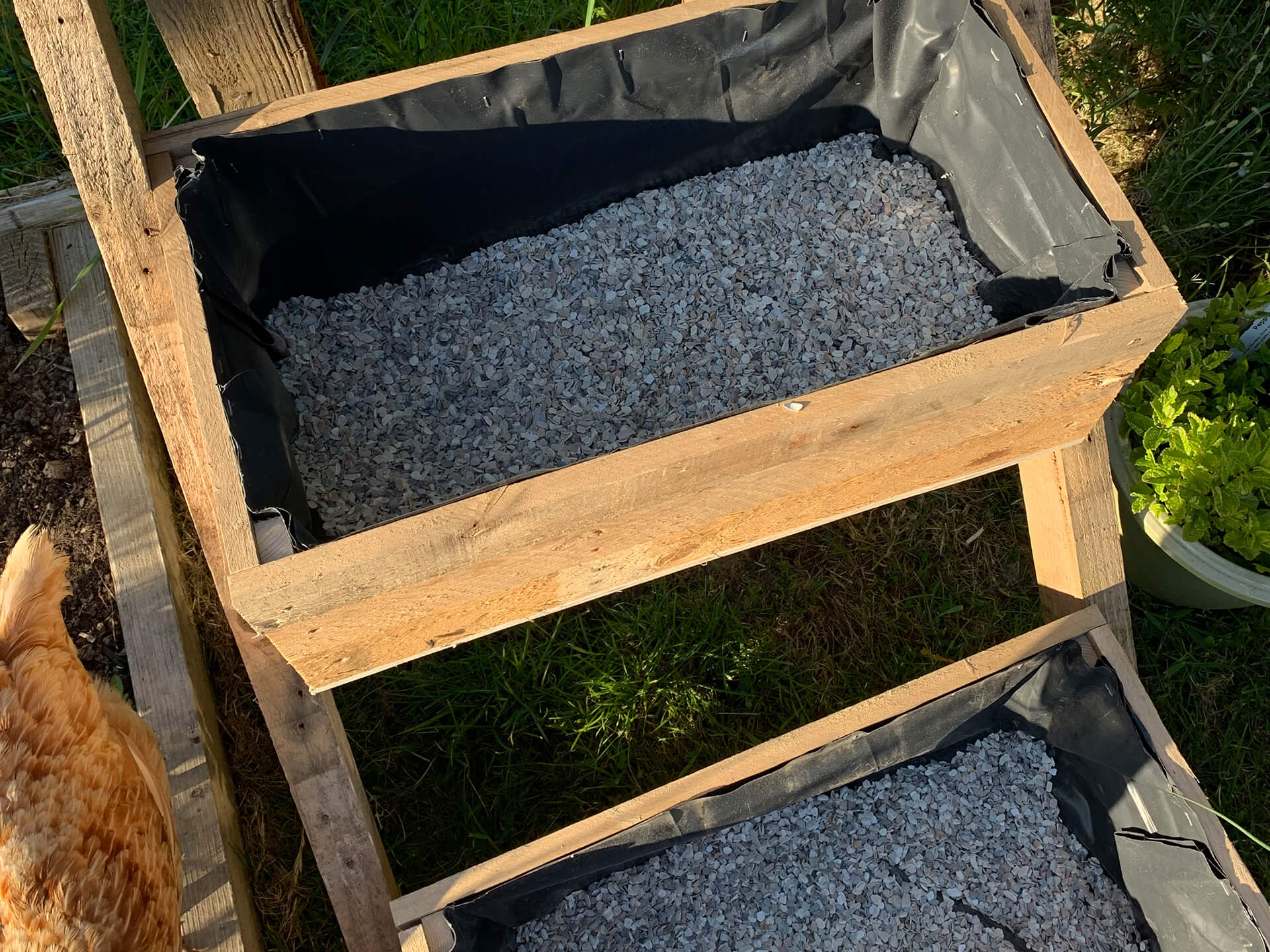 Small stones inside of the herb planter. 