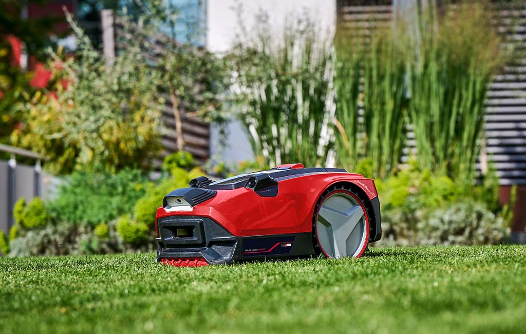 A robot lawnmower mowing short grass in a garden.