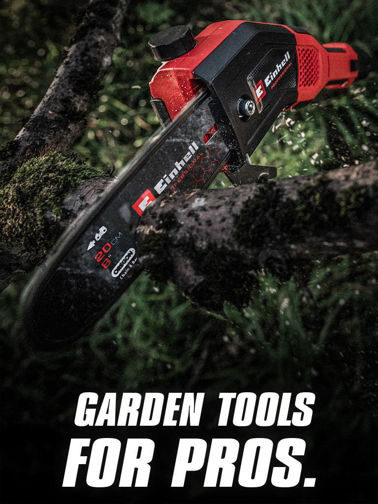 A red cordless chainsaw cuts through a branch, with the text "Garden Tools for Pros".