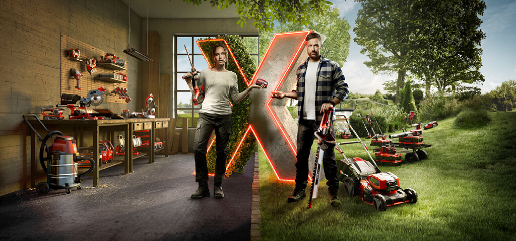 Startpage image of two people surrounded with tools and garden devices.